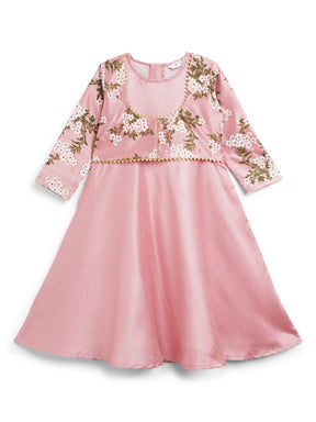 Pink Poly Silk Solid Girls Dress with Printed Jacket