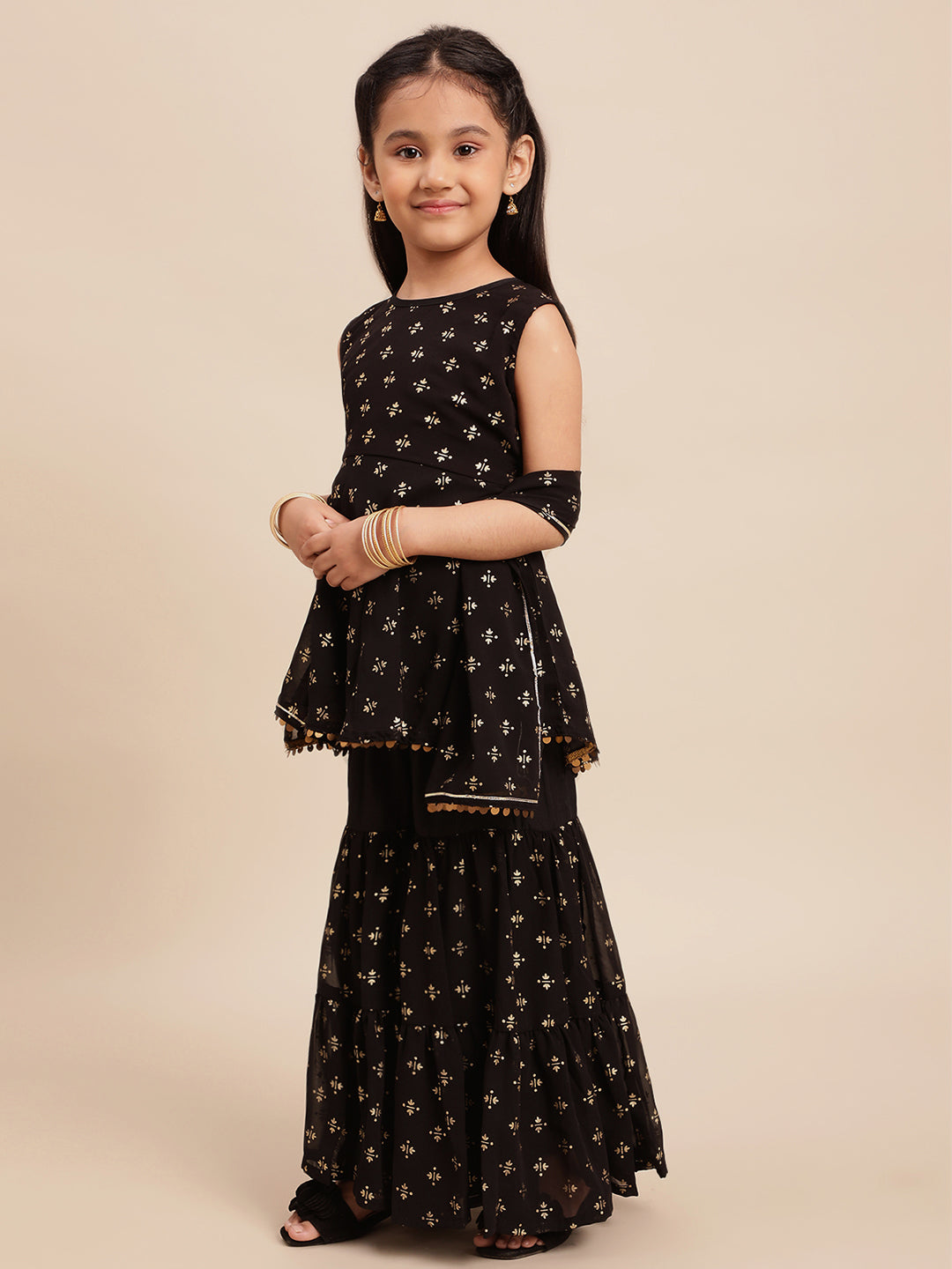 Ahalyaa Girls Black Georgette Gold Foil Print Kids Peplum style Kurta Sharara Set With Dupatta