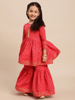 Red Cotton Girl's Frock Suit with Gharara Palazzo