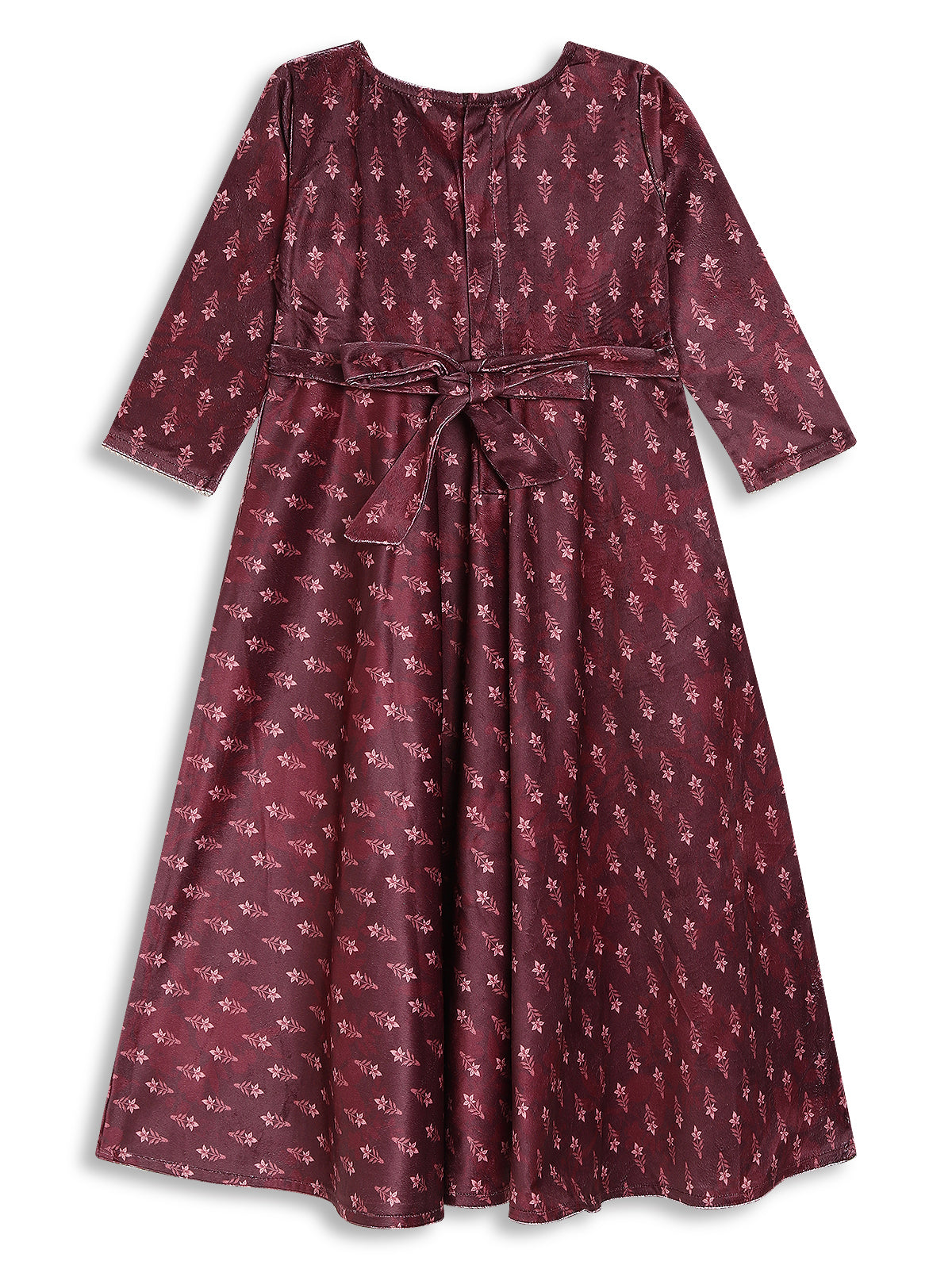 Burgundy Printed Velvet A-Line Girl's Maxi Ethnic Dresses