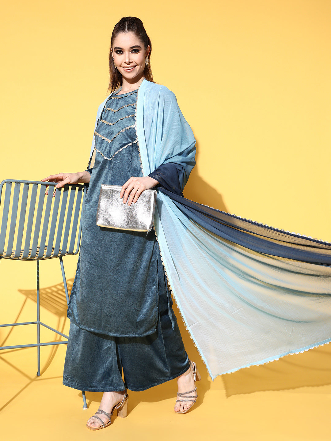 Ahalyaa Women Gotta Patti Velvet Kurta with Palazzos & With Dupatta