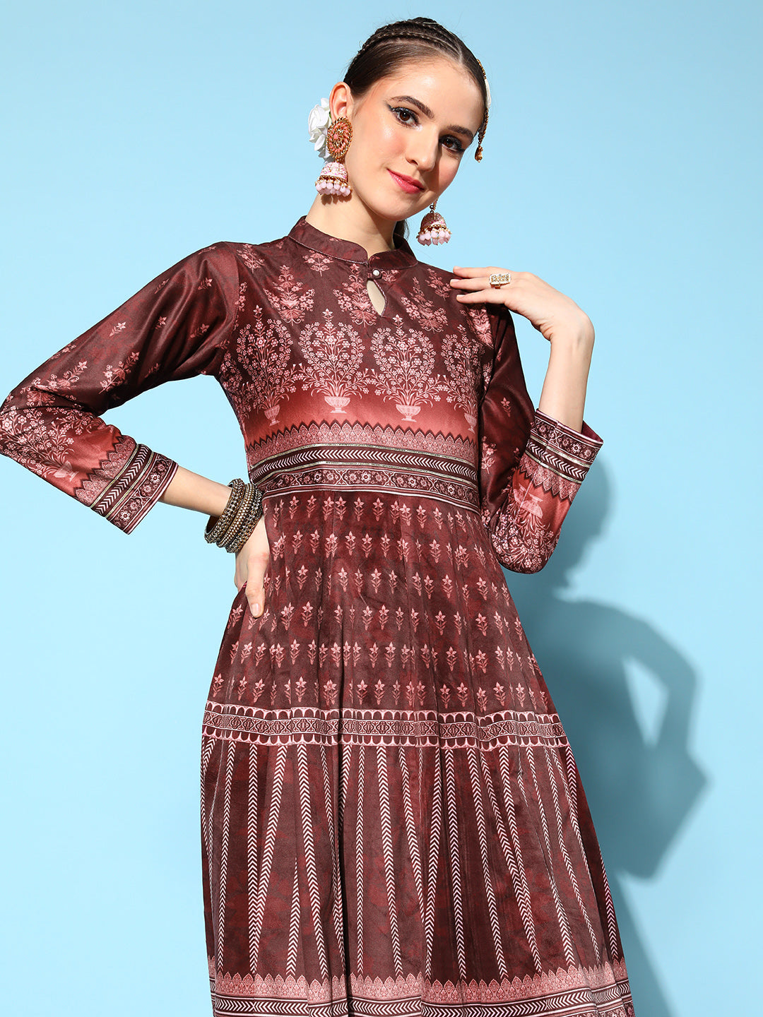 Burgundy Digital Printed Velvet Ethnic Dress