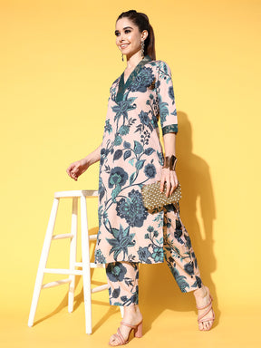 Beige & Green Floral Printed Kurta with Trousers