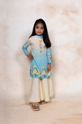 Beige & Blue Floral Printed Girls Kurta Set
