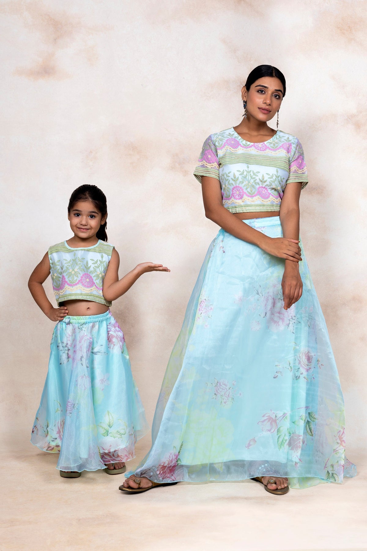 Blue and Pink Organza Girls Top & Skirts Set
