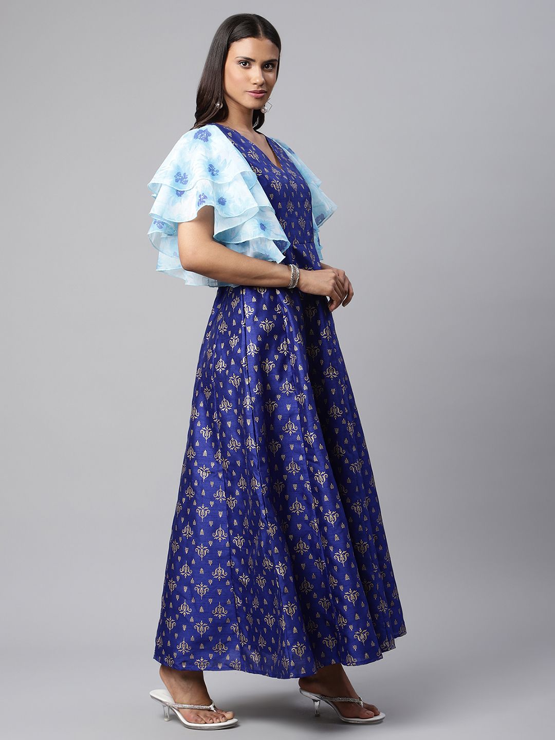 Royal Blue Poly Silk Gold Paste Printed Dress