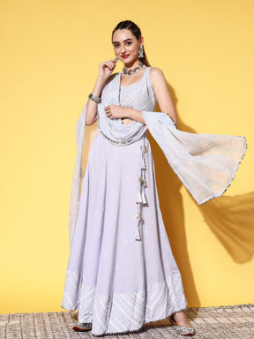 Ahalyaa Blue & White Printed Sequinned Ready to Wear Lehenga & Blouse With Dupatta