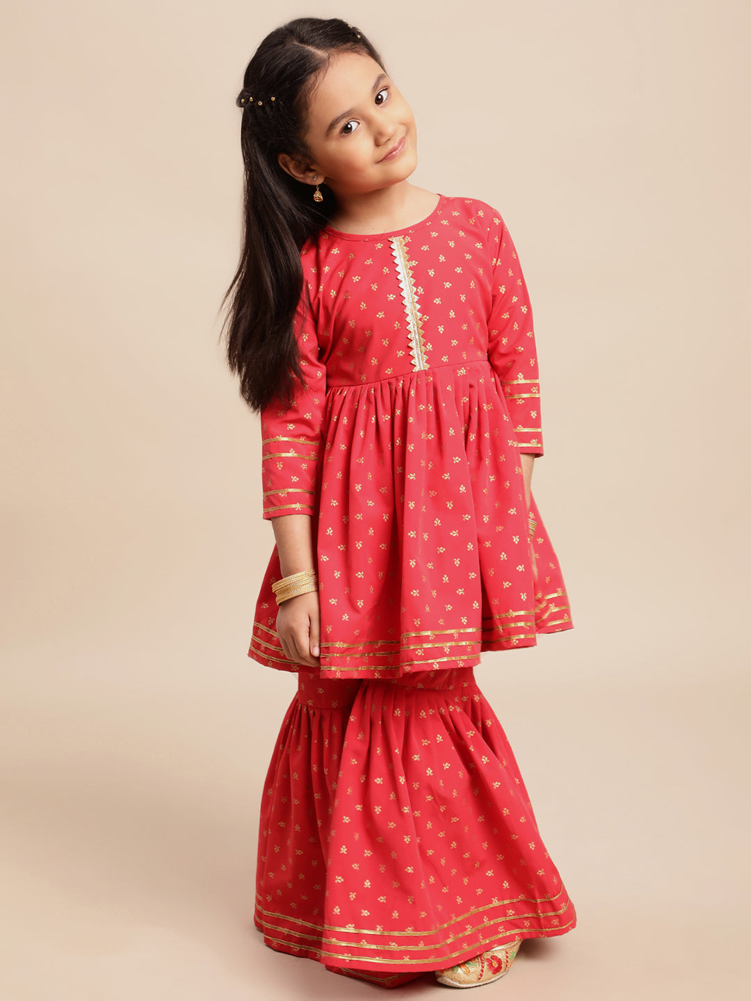 Red Cotton Girl's Frock Suit with Gharara Palazzo