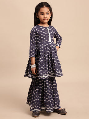 Navy Blue Pure Cotton Digital Printed Girls Sharara Set