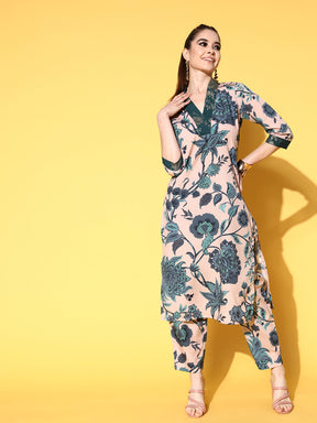 Beige & Green Floral Printed Kurta with Trousers