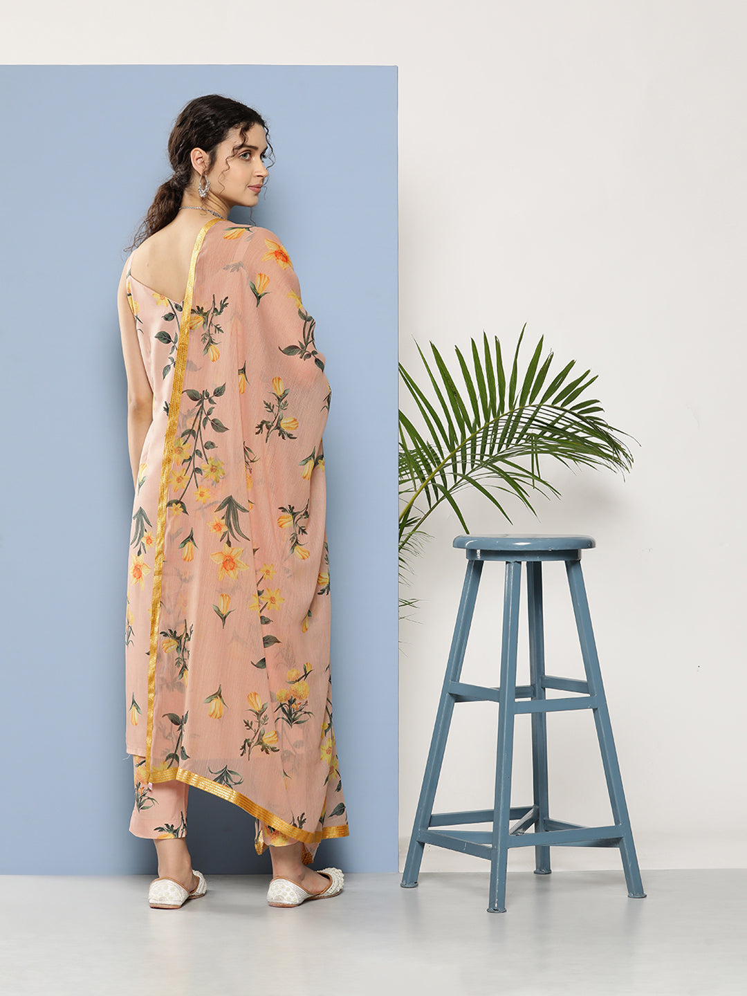Nude-Coloured Floral Printed Gotta Patti Kurta with Trousers & With Dupatta