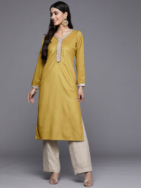 Ahalyaa Women Mustard Yellow & Golden Ethnic Motifs Yoke Design Velvet Kurta