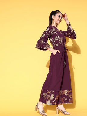 Burgundy & Gold-Toned Printed Ethnic Jumpsuit With Waist Tie-Ups