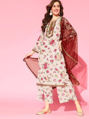 Beige Floral Printed Regular Gotta Patti Kurta with Palazzos & With Dupatta