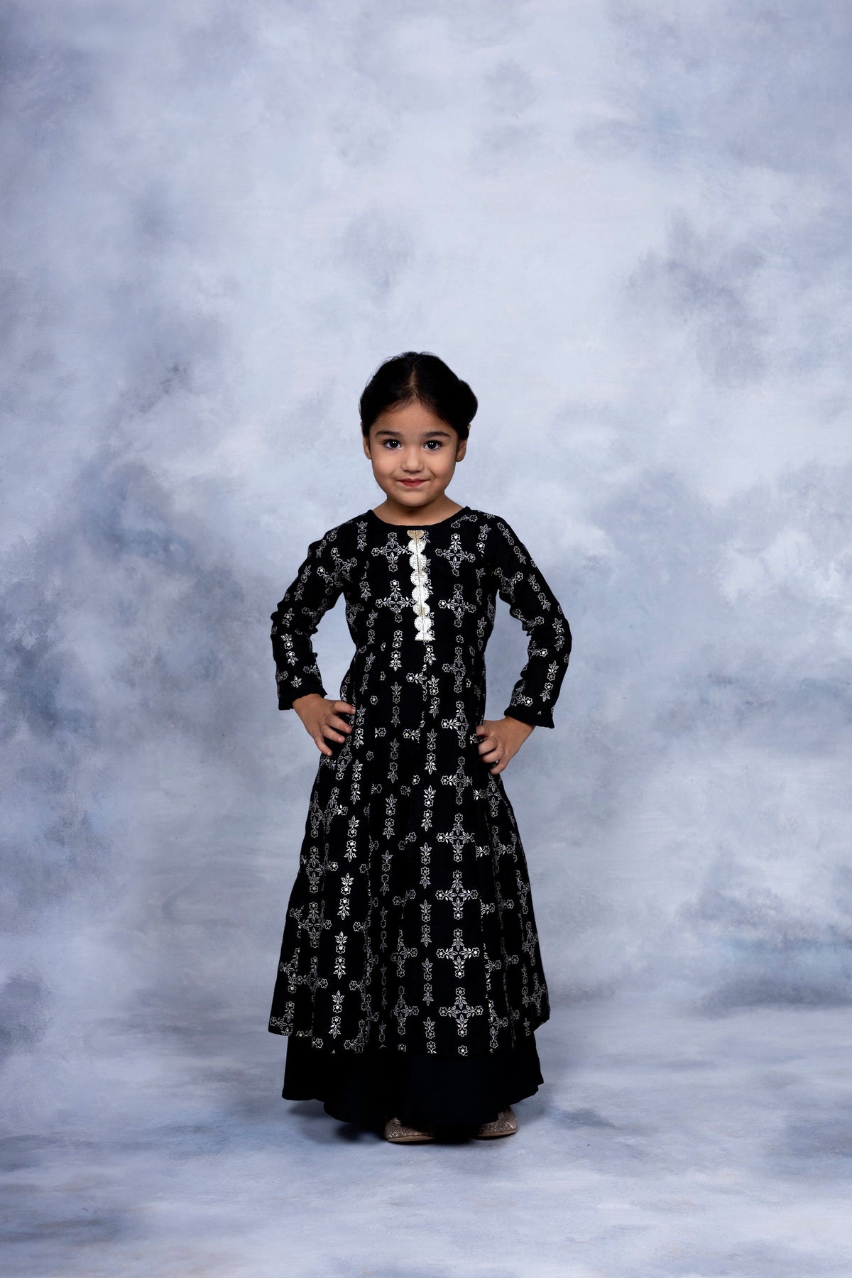Ahalyaa Girls Black Chanderi Gold Foil Printed Kids Dress
