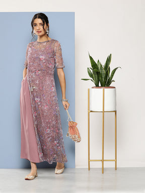 Mauve Floral Printed Waist Tie-Ups Jumpsuit