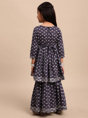 Navy Blue Pure Cotton Digital Printed Girls Sharara Set