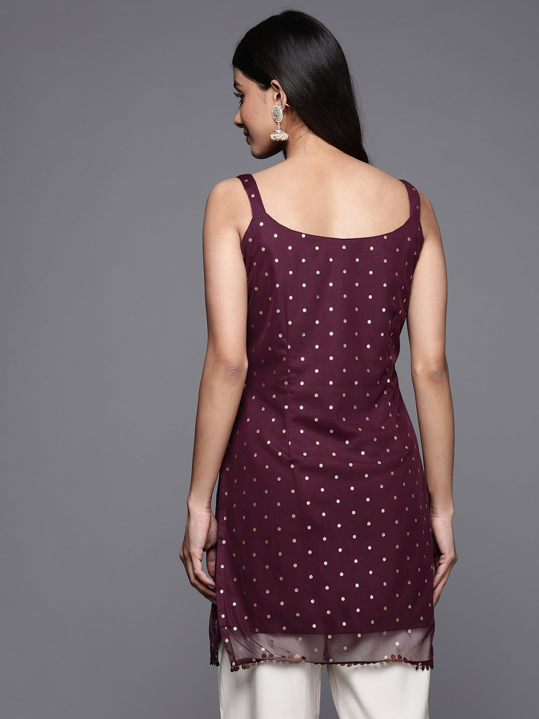 Burgundy Polka Dots Printed Net Tunic With Lace Inserts