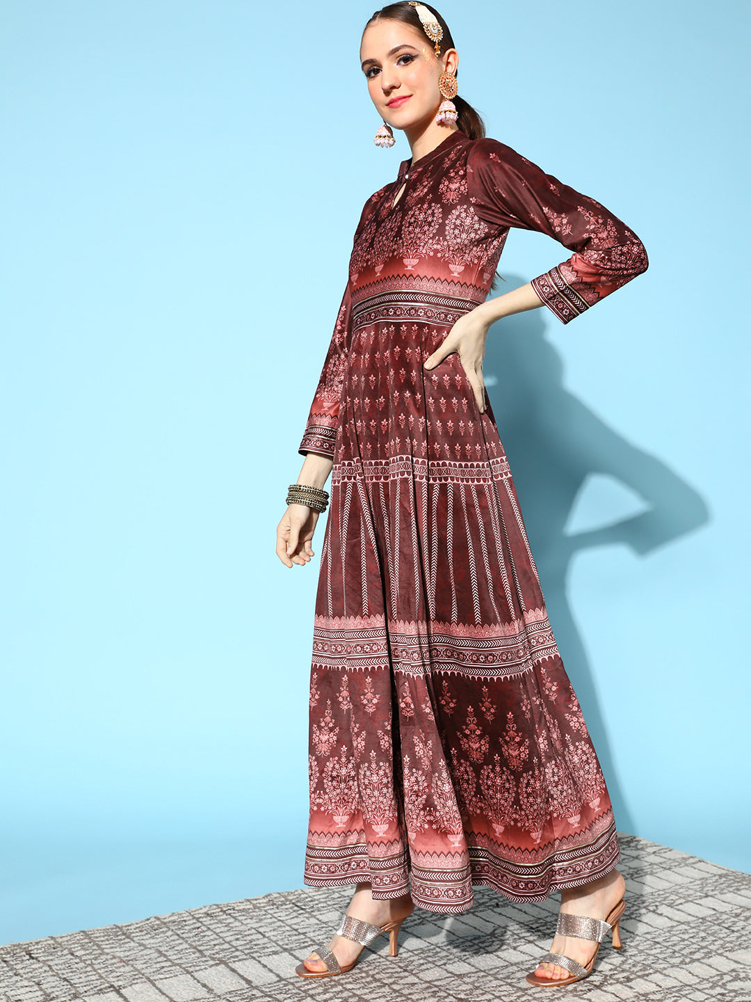Burgundy Digital Printed Velvet Ethnic Dress