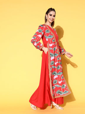 Red Floral Printed Tie-Ups Maxi Ethnic Dress