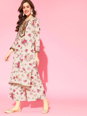 Beige Floral Printed Regular Gotta Patti Kurta with Palazzos & With Dupatta