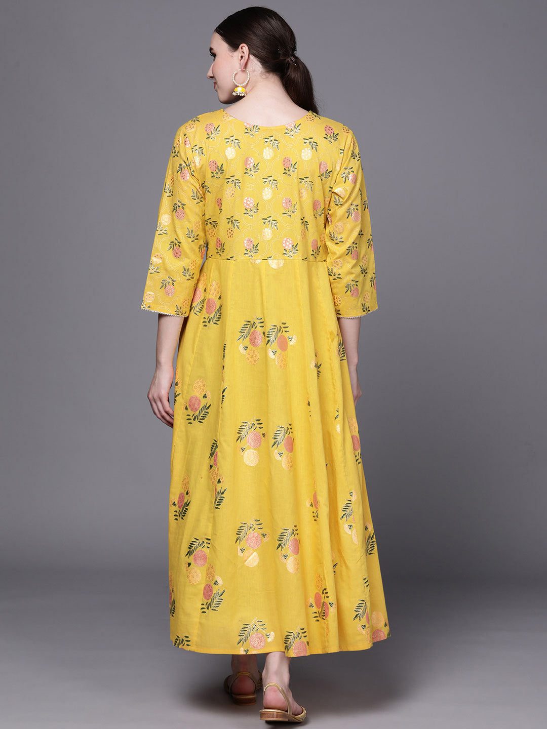 Yellow Floral Print Fit & Flare Pure Cotton Maxi Ethnic Dress