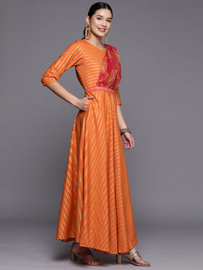 Orange Crepe Gold Print Dress