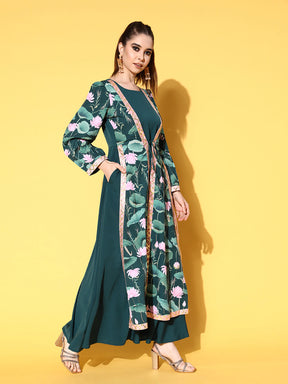 Green Floral Printed Layered Maxi Ethnic Dress with Waist Tie-Ups