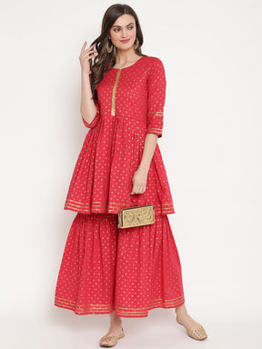 Women's Red Pure Cotton Gold Print Sharara Set