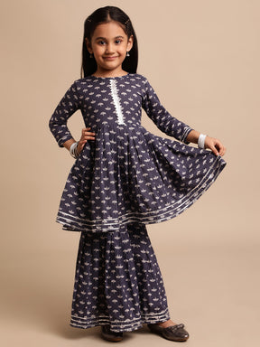 Navy Blue Pure Cotton Digital Printed Girls Sharara Set