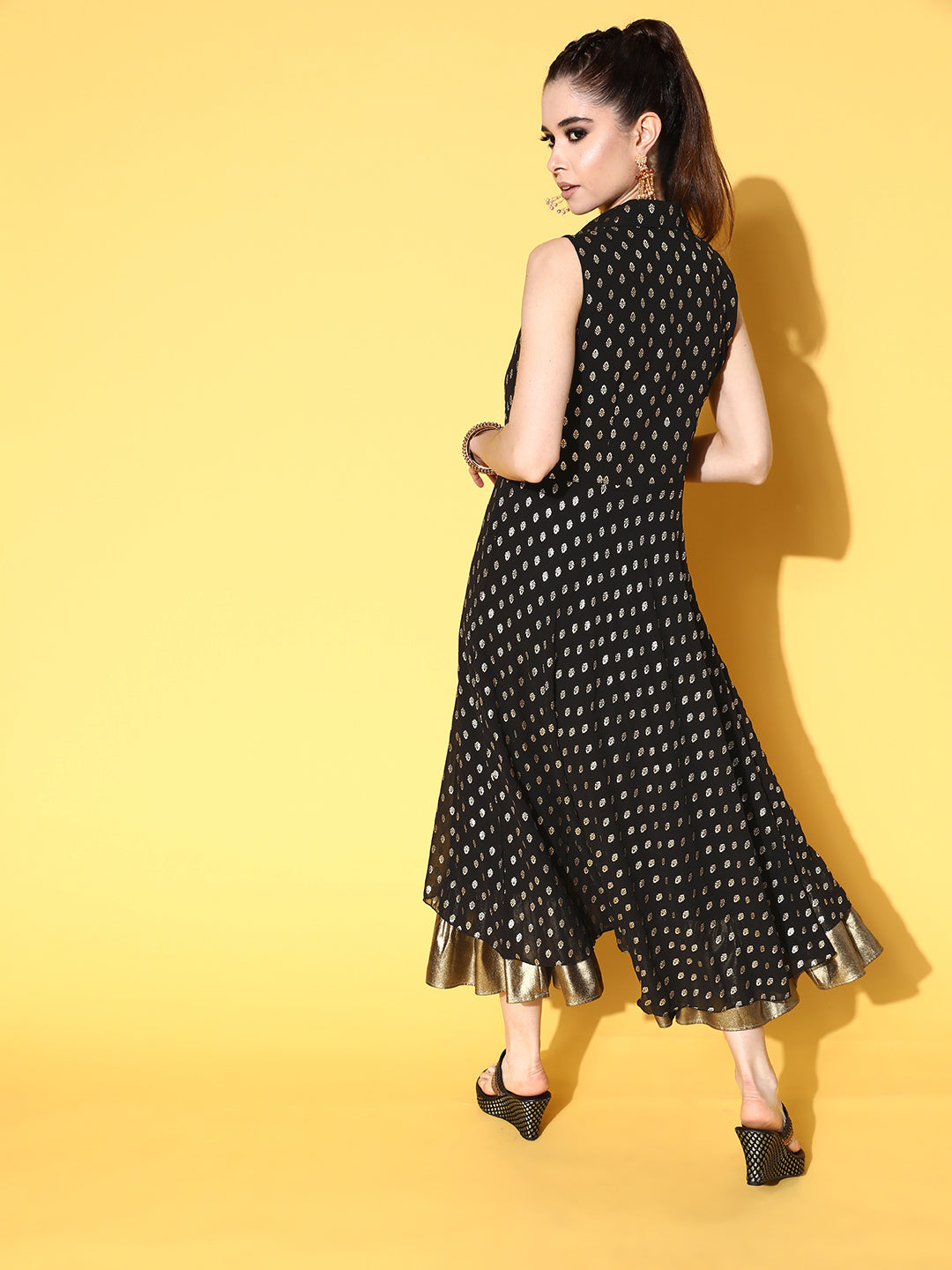Black Georgette Golden Printed Midi Fit & Flare Ethnic Dress Black Georgette Golden Printed Midi Fit & Flare Ethnic Dress