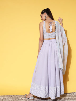 Ahalyaa Blue & White Printed Sequinned Ready to Wear Lehenga & Blouse With Dupatta