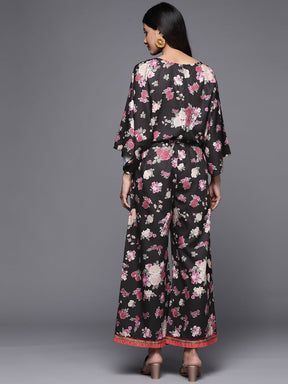 Black Floral Printed Jumpsuit With Lace Inserts