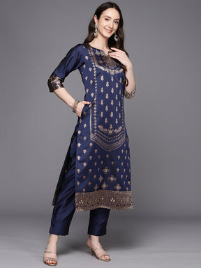 Navy Blue Woven Design Unstitched Dress Material