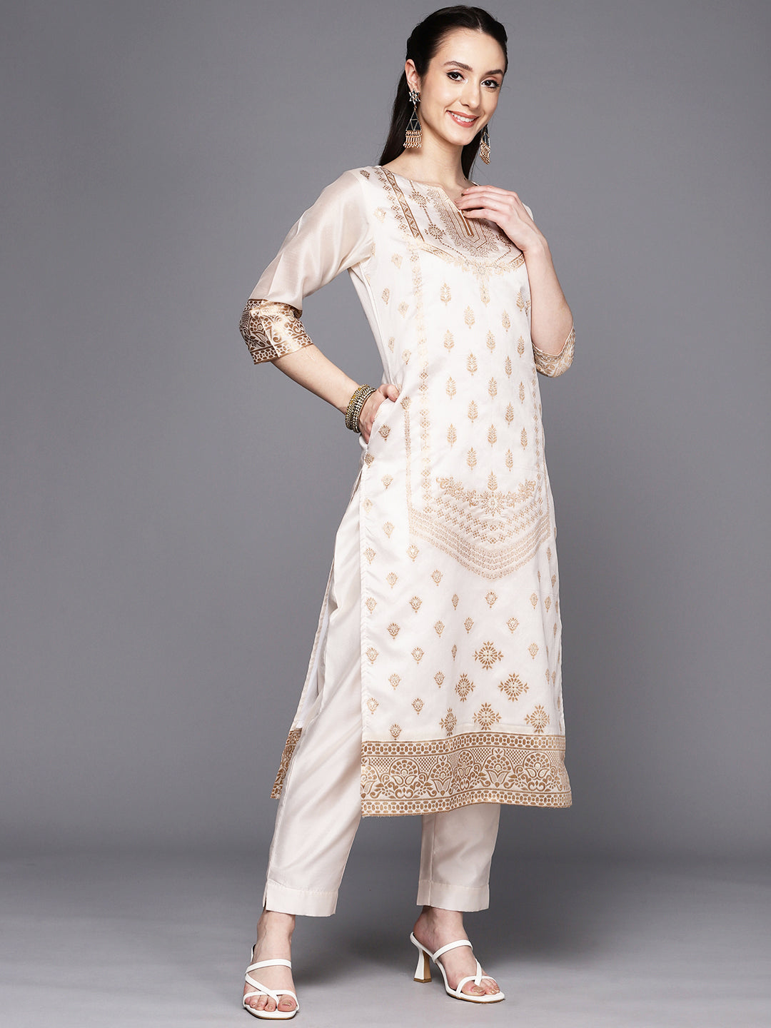 Cream Coloured Woven Design Ethnic Motifs Unstitched Dress Material