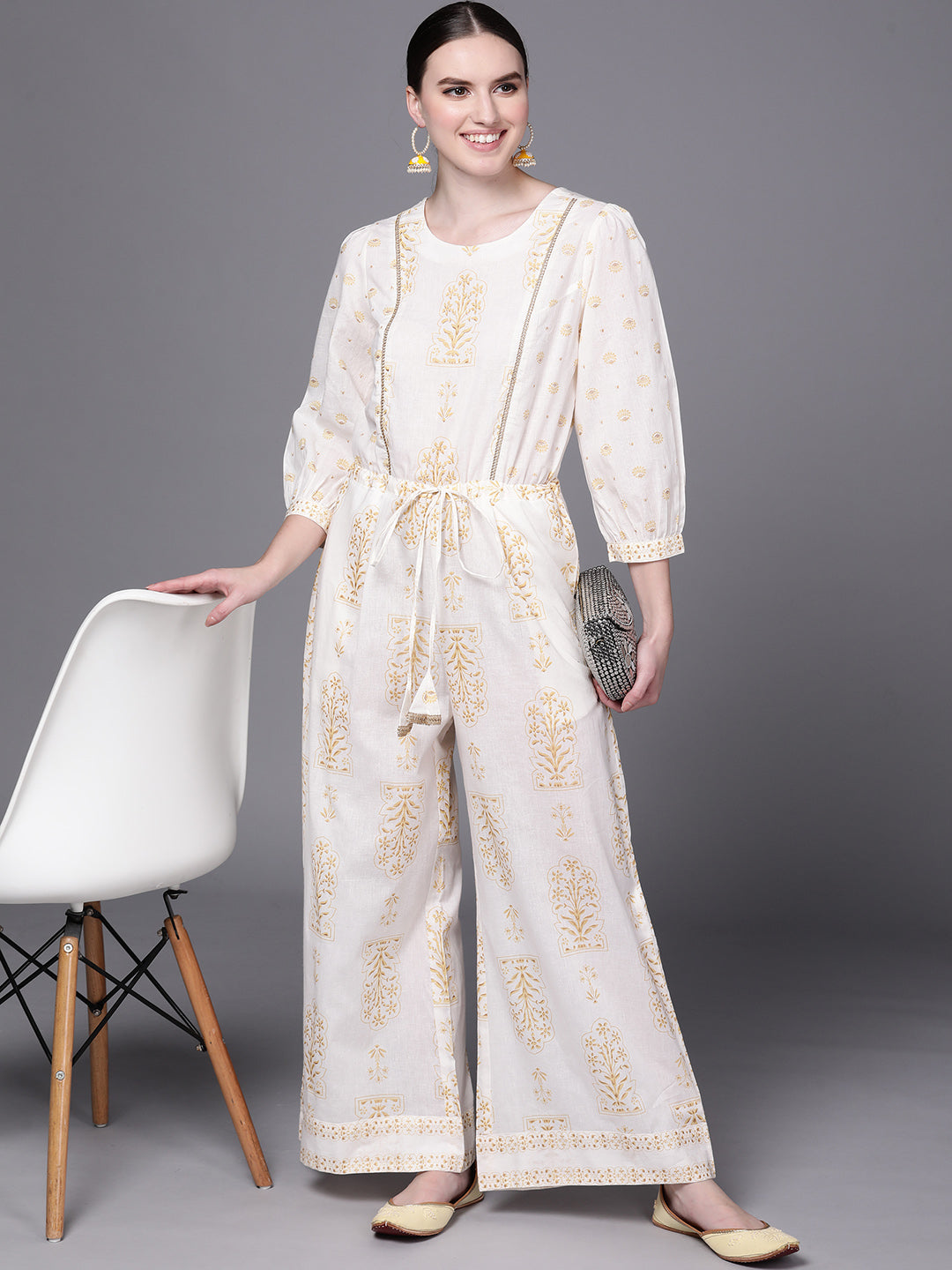 Off White Printed Pure Cotton Jumpsuit with Waist Tie-ups