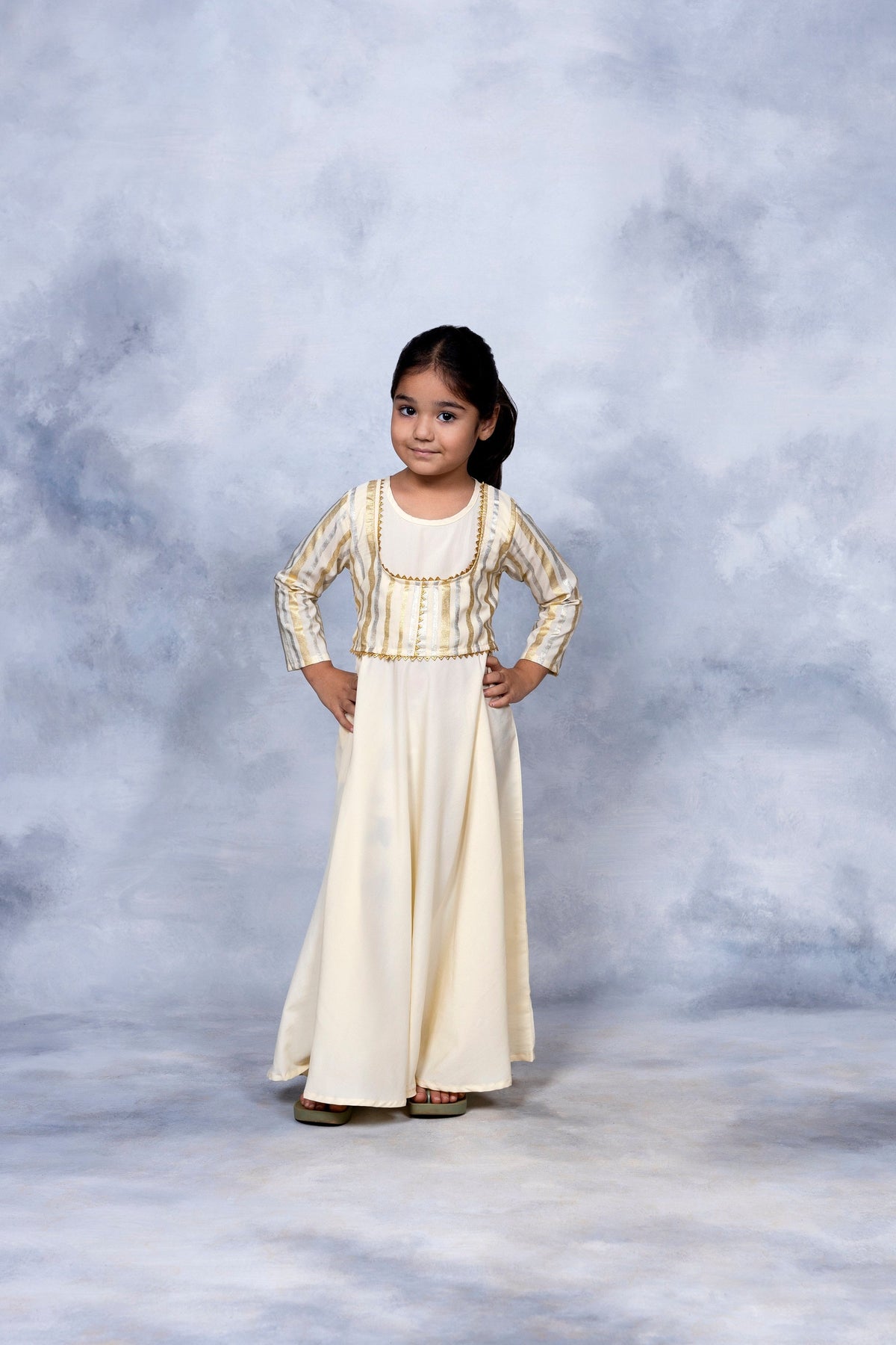 Ahalyaa Girls Cream Crepe Gold Foil Printed Kids Kurta with Jacket