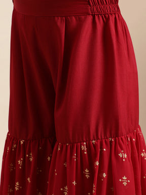 Maroon & Gold Foil Print Girls Peplum style Sharara Set With Dupatta