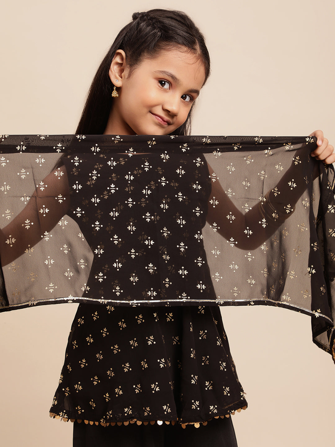 Ahalyaa Girls Black Georgette Gold Foil Print Kids Peplum style Kurta Sharara Set With Dupatta