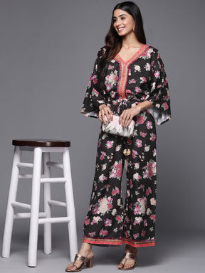 Black Floral Printed Jumpsuit With Lace Inserts