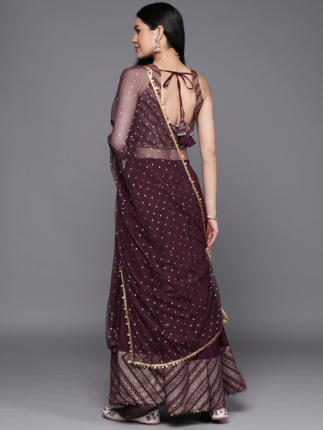 Ahalyaa Purple & Gold-Toned Printed Sequinned Foil Print Ready to Wear Lehenga & Blouse With Dupatta