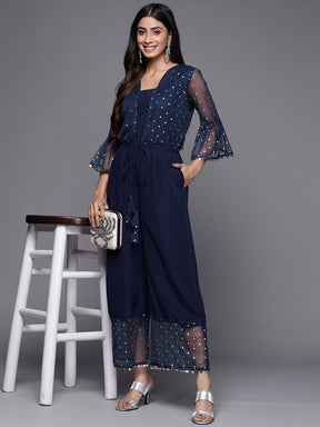 Navy Blue Polka Dots Printed Jumpsuit With Waist Tie-Ups