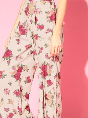 Beige Floral Printed Regular Gotta Patti Kurta with Palazzos & With Dupatta
