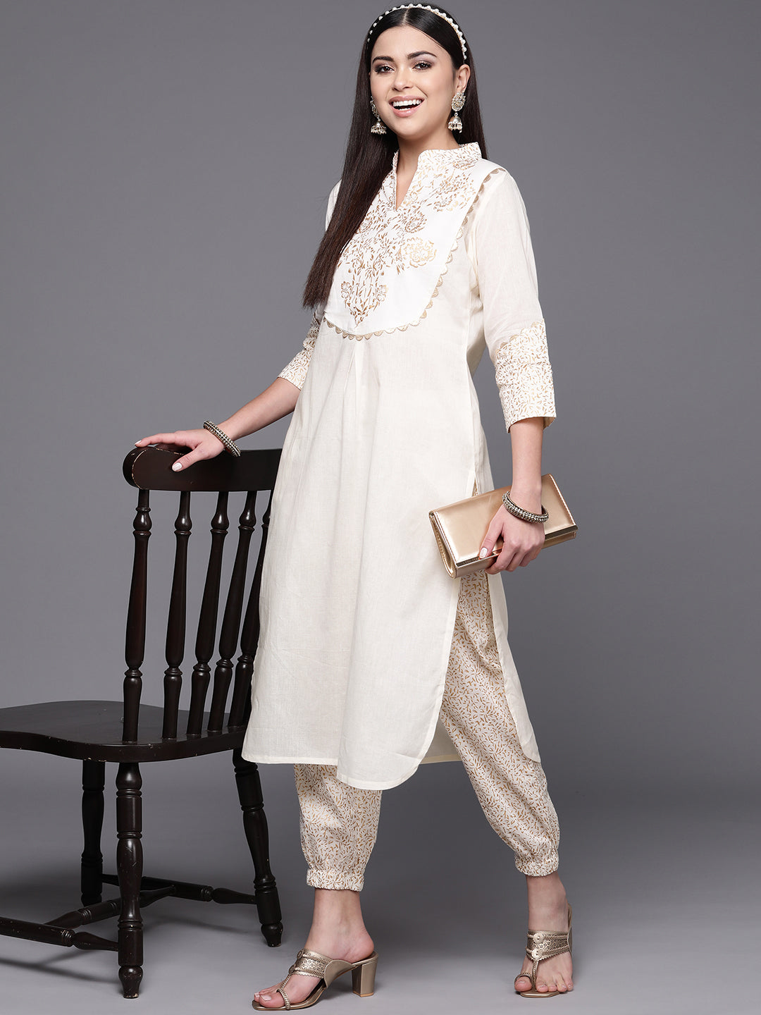 Off White Pure Cotton Printed Kurta With Trousers