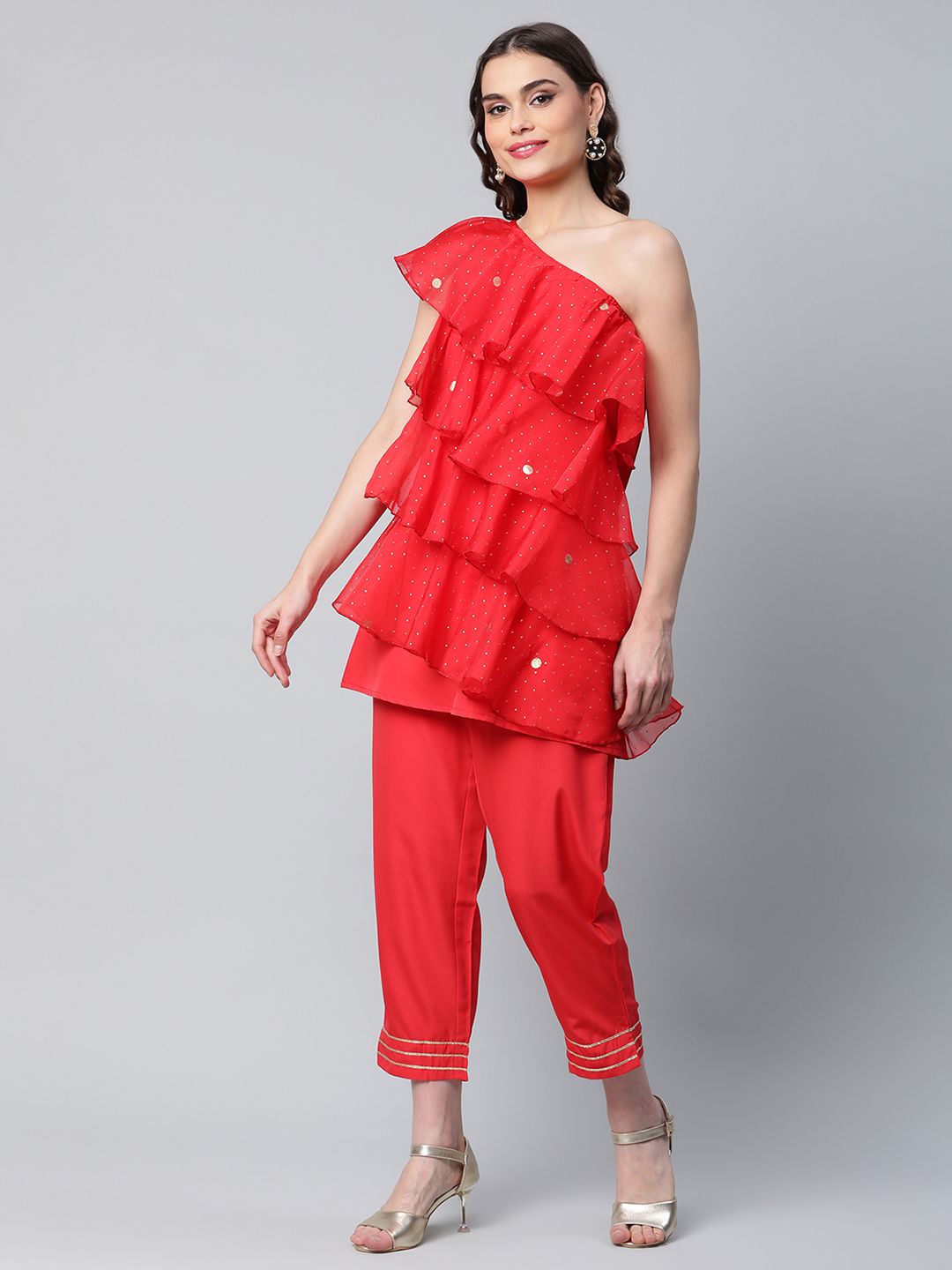 Red Printed Layered Organza Top with Trousers