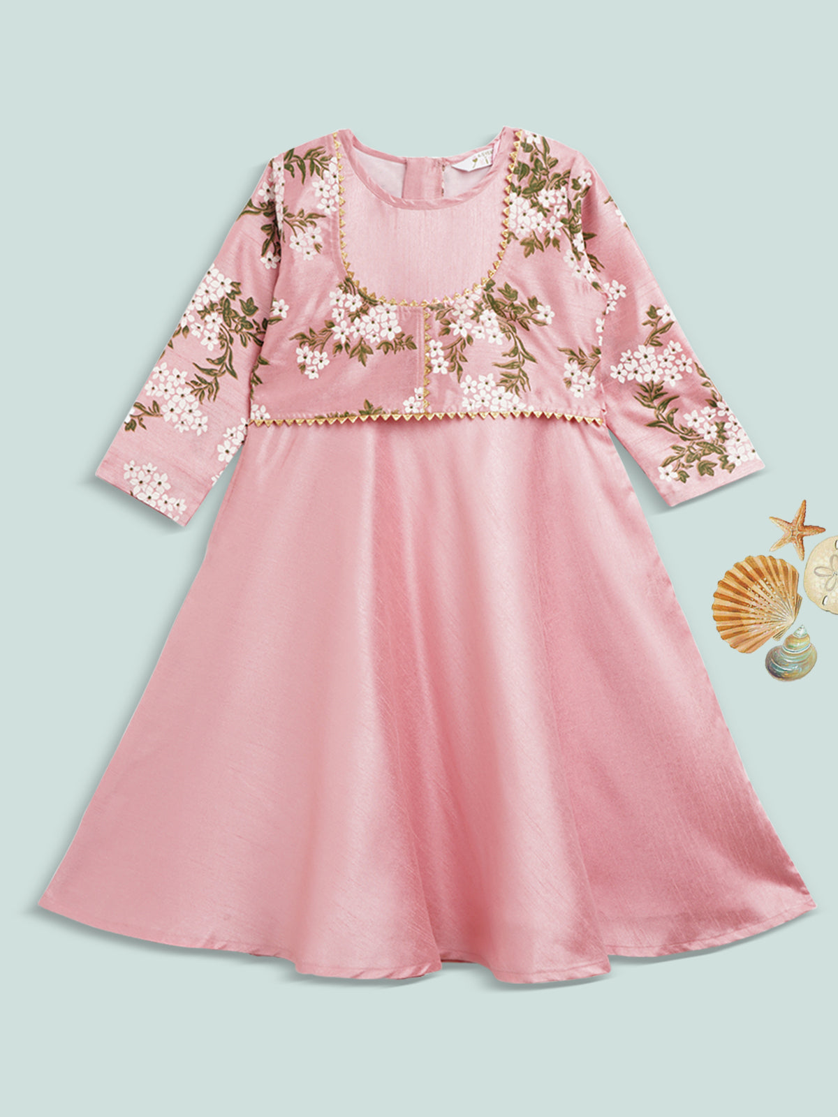 Pink Poly Silk Solid Girls Dress with Printed Jacket