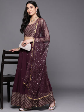 Purple & Gold-Toned Printed Sequined Ready to Wear Lehenga & Blouse With Dupatta
