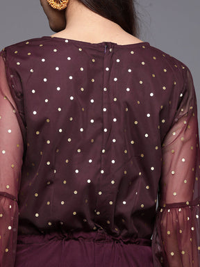 Burgundy Polka Dots Printed Jumpsuit With Waist Tie-Ups