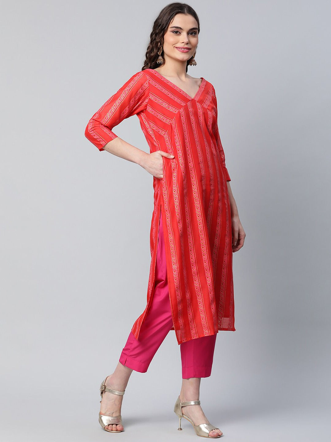 Red Striped Kurta with Trousers