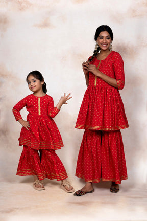 Ahalyaa Red Cotton Frock suit with Gharara Palazzo